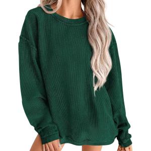 imagePRETTYGARDEN Womens Oversized Sweatshirt Ribbed Corduroy Crewneck Long Sleeve Loose Fit Casual Going Out Pullover TopsDark Green