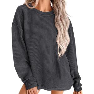 imagePRETTYGARDEN Womens Oversized Sweatshirt Ribbed Corduroy Crewneck Long Sleeve Loose Fit Casual Going Out Pullover TopsDark Grey