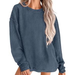 imagePRETTYGARDEN Womens Oversized Sweatshirt Ribbed Corduroy Crewneck Long Sleeve Loose Fit Casual Going Out Pullover TopsGrey Blue
