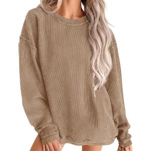 imagePRETTYGARDEN Womens Oversized Sweatshirt Ribbed Corduroy Crewneck Long Sleeve Loose Fit Casual Going Out Pullover TopsKhaki