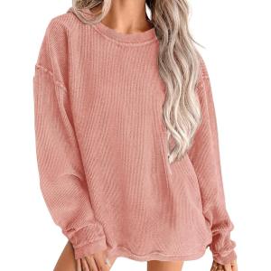 imagePRETTYGARDEN Womens Oversized Sweatshirt Ribbed Corduroy Crewneck Long Sleeve Loose Fit Casual Going Out Pullover TopsPink
