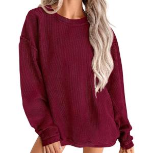 imagePRETTYGARDEN Womens Oversized Sweatshirt Ribbed Corduroy Crewneck Long Sleeve Loose Fit Casual Going Out Pullover TopsWine Red