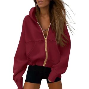 imagePRETTYGARDEN Womens Zip Up Hoodie Sweatshirt Y2K Fall Fashion Clothes Long Sleeve Loose Fit Pockets Casual Trendy JacketWine Red