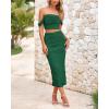 imagePRETTYGARDEN Women Sexy Two Piece Outfits Summer Off Shoulder Ruched Bodycon Mesh Cocktail Club Skirt Sets 2025Dark Green