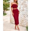 imagePRETTYGARDEN Women Sexy Two Piece Outfits Summer Off Shoulder Ruched Bodycon Mesh Cocktail Club Skirt Sets 2025Wine Red