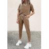 imagePRETTYGARDEN Women Summer Two Piece Outfits Striped Short Sleeve Pullover and Long Pants Tracksuit Travel Pajama Lounge SetSolid Dark Khaki