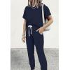 imagePRETTYGARDEN Women Summer Two Piece Outfits Striped Short Sleeve Pullover and Long Pants Tracksuit Travel Pajama Lounge SetSolid Navy