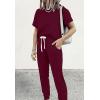 imagePRETTYGARDEN Women Summer Two Piece Outfits Striped Short Sleeve Pullover and Long Pants Tracksuit Travel Pajama Lounge SetSolid Wine Red