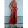 imagePRETTYGARDEN Womens 2 Piece Outfits 2025 Summer Casual Sleeveless Mock Neck Crop Tops Wide Leg Pants SetBrown Red