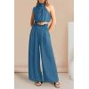 imagePRETTYGARDEN Womens 2 Piece Outfits 2025 Summer Casual Sleeveless Mock Neck Crop Tops Wide Leg Pants SetLight Lake Blue