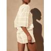 imagePRETTYGARDEN Womens Summer 2 Piece Swimsuit Coverup Hollow Out Knit Half Sleeve Tops Shorts Sets Bathing Suit Beach OutfitsBeige