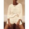 imagePRETTYGARDEN Womens Summer 2 Piece Swimsuit Coverup Hollow Out Knit Half Sleeve Tops Shorts Sets Bathing Suit Beach OutfitsBeige