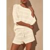 imagePRETTYGARDEN Womens Summer 2 Piece Swimsuit Coverup Hollow Out Knit Half Sleeve Tops Shorts Sets Bathing Suit Beach OutfitsBeige