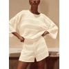 imagePRETTYGARDEN Womens Summer 2 Piece Swimsuit Coverup Hollow Out Knit Half Sleeve Tops Shorts Sets Bathing Suit Beach OutfitsBeige