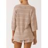 imagePRETTYGARDEN Womens Summer 2 Piece Swimsuit Coverup Hollow Out Knit Half Sleeve Tops Shorts Sets Bathing Suit Beach OutfitsBeige Apricot