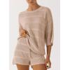 imagePRETTYGARDEN Womens Summer 2 Piece Swimsuit Coverup Hollow Out Knit Half Sleeve Tops Shorts Sets Bathing Suit Beach OutfitsBeige Apricot
