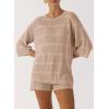 imagePRETTYGARDEN Womens Summer 2 Piece Swimsuit Coverup Hollow Out Knit Half Sleeve Tops Shorts Sets Bathing Suit Beach OutfitsBeige Apricot