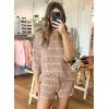 imagePRETTYGARDEN Womens Summer 2 Piece Swimsuit Coverup Hollow Out Knit Half Sleeve Tops Shorts Sets Bathing Suit Beach OutfitsBeige Apricot