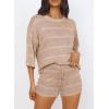 imagePRETTYGARDEN Womens Summer 2 Piece Swimsuit Coverup Hollow Out Knit Half Sleeve Tops Shorts Sets Bathing Suit Beach OutfitsBeige Apricot