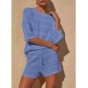 imagePRETTYGARDEN Womens Summer 2 Piece Swimsuit Coverup Hollow Out Knit Half Sleeve Tops Shorts Sets Bathing Suit Beach OutfitsBlue