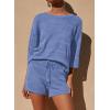 imagePRETTYGARDEN Womens Summer 2 Piece Swimsuit Coverup Hollow Out Knit Half Sleeve Tops Shorts Sets Bathing Suit Beach OutfitsBlue