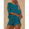 imagePRETTYGARDEN Womens Summer 2 Piece Swimsuit Coverup Hollow Out Knit Half Sleeve Tops Shorts Sets Bathing Suit Beach OutfitsBlue Green
