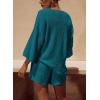 imagePRETTYGARDEN Womens Summer 2 Piece Swimsuit Coverup Hollow Out Knit Half Sleeve Tops Shorts Sets Bathing Suit Beach OutfitsBlue Green