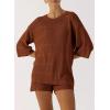 imagePRETTYGARDEN Womens Summer 2 Piece Swimsuit Coverup Hollow Out Knit Half Sleeve Tops Shorts Sets Bathing Suit Beach OutfitsBrown