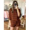imagePRETTYGARDEN Womens Summer 2 Piece Swimsuit Coverup Hollow Out Knit Half Sleeve Tops Shorts Sets Bathing Suit Beach OutfitsBrown
