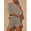 imagePRETTYGARDEN Womens Summer 2 Piece Swimsuit Coverup Hollow Out Knit Half Sleeve Tops Shorts Sets Bathing Suit Beach OutfitsKhaki