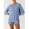 imagePRETTYGARDEN Womens Summer 2 Piece Swimsuit Coverup Hollow Out Knit Half Sleeve Tops Shorts Sets Bathing Suit Beach OutfitsLight Blue