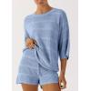 imagePRETTYGARDEN Womens Summer 2 Piece Swimsuit Coverup Hollow Out Knit Half Sleeve Tops Shorts Sets Bathing Suit Beach OutfitsLight Blue