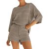 imagePRETTYGARDEN Womens Summer 2 Piece Swimsuit Coverup Hollow Out Knit Half Sleeve Tops Shorts Sets Bathing Suit Beach OutfitsKhaki