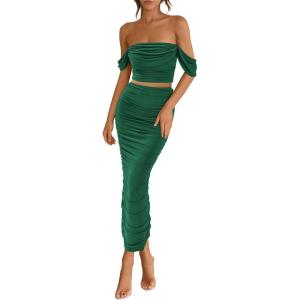 imagePRETTYGARDEN Women Sexy Two Piece Outfits Summer Off Shoulder Ruched Bodycon Mesh Cocktail Club Skirt Sets 2025Dark Green