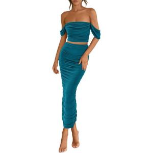 imagePRETTYGARDEN Women Sexy Two Piece Outfits Summer Off Shoulder Ruched Bodycon Mesh Cocktail Club Skirt Sets 2025Lake Blue