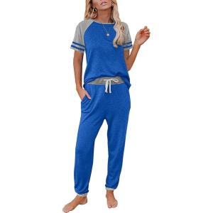 imagePRETTYGARDEN Women Summer Two Piece Outfits Striped Short Sleeve Pullover and Long Pants Tracksuit Travel Pajama Lounge SetZgrey Blue