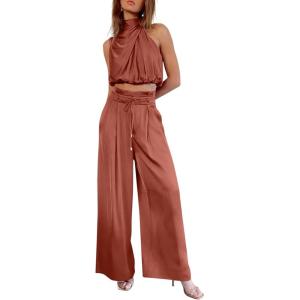 imagePRETTYGARDEN Womens 2 Piece Outfits 2025 Summer Casual Sleeveless Mock Neck Crop Tops Wide Leg Pants SetBrown Red
