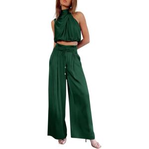 imagePRETTYGARDEN Womens 2 Piece Outfits 2025 Summer Casual Sleeveless Mock Neck Crop Tops Wide Leg Pants SetDark Green