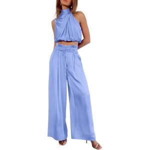 imagePRETTYGARDEN Womens 2 Piece Outfits 2025 Summer Casual Sleeveless Mock Neck Crop Tops Wide Leg Pants SetSky Blue