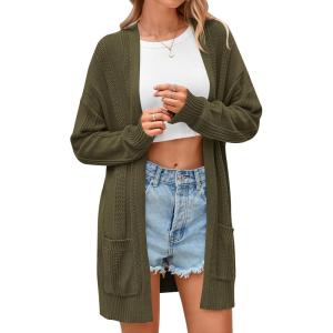 imagePRETTYGARDEN Womens Fall Loose Open Front Cardigan Long Sleeve Cable Knit Sweaters Lightweight Outwear with PocketsArmy Green