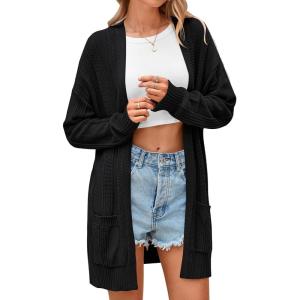 imagePRETTYGARDEN Womens Fall Loose Open Front Cardigan Long Sleeve Cable Knit Sweaters Lightweight Outwear with PocketsBlack