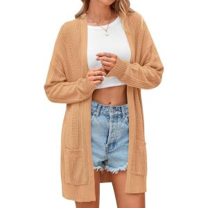 imagePRETTYGARDEN Womens Fall Loose Open Front Cardigan Long Sleeve Cable Knit Sweaters Lightweight Outwear with PocketsCamel