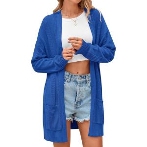 imagePRETTYGARDEN Womens Fall Loose Open Front Cardigan Long Sleeve Cable Knit Sweaters Lightweight Outwear with PocketsLight Blue