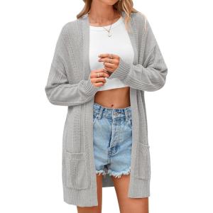 imagePRETTYGARDEN Womens Fall Loose Open Front Cardigan Long Sleeve Cable Knit Sweaters Lightweight Outwear with PocketsLight Grey