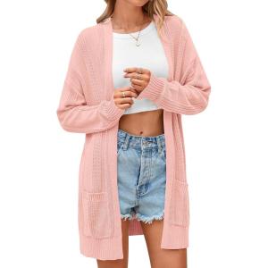 imagePRETTYGARDEN Womens Fall Loose Open Front Cardigan Long Sleeve Cable Knit Sweaters Lightweight Outwear with PocketsLight Pink