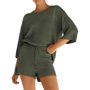 imagePRETTYGARDEN Womens Summer 2 Piece Swimsuit Coverup Hollow Out Knit Half Sleeve Tops Shorts Sets Bathing Suit Beach OutfitsArmy Green