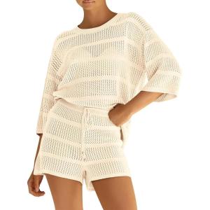 imagePRETTYGARDEN Womens Summer 2 Piece Swimsuit Coverup Hollow Out Knit Half Sleeve Tops Shorts Sets Bathing Suit Beach OutfitsBeige