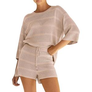 imagePRETTYGARDEN Womens Summer 2 Piece Swimsuit Coverup Hollow Out Knit Half Sleeve Tops Shorts Sets Bathing Suit Beach OutfitsBeige Apricot