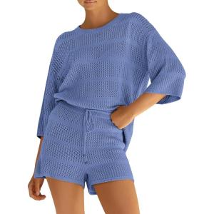imagePRETTYGARDEN Womens Summer 2 Piece Swimsuit Coverup Hollow Out Knit Half Sleeve Tops Shorts Sets Bathing Suit Beach OutfitsBlue