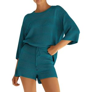 imagePRETTYGARDEN Womens Summer 2 Piece Swimsuit Coverup Hollow Out Knit Half Sleeve Tops Shorts Sets Bathing Suit Beach OutfitsBlue Green